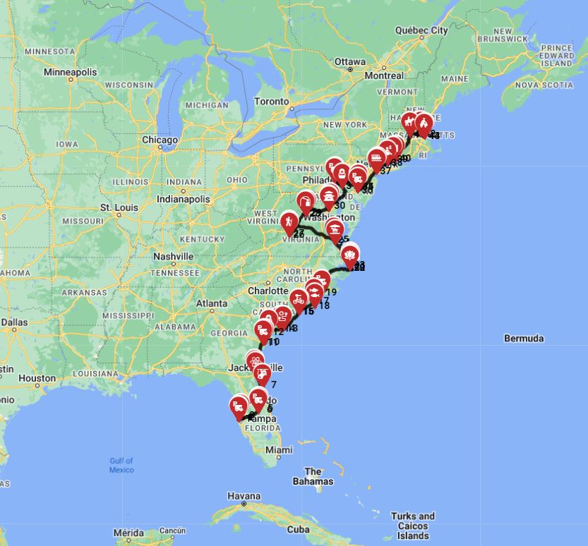 Map for Tampa to Boston